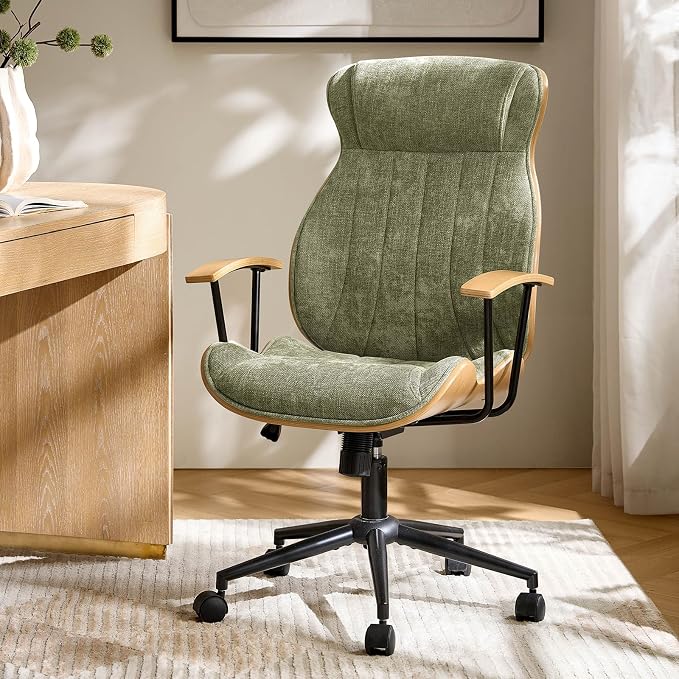 HULALA HOME Solid Wood Office Chair with Tilt Function, Mid Century Modern Bentwood Desk Chair with High Backrest, Height Adjustable Swivel Fabric Computer Task Chair, Green