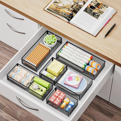 Marbrasse 5 Pack Desk Drawer Organizer Set, Mesh Drawer Storage Trays with 1 Adjustable Divider, Desk Organizers and Accessories, 5 PCS Drawer for Office Supplies, Makeup & Vanity (Black)