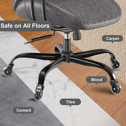 E-Ser Leather Desk Chair, Mid Century Modern Office Chair, Grey | Lumbar Support, Ergonomic, 360° Swivel, Rubber Rolling Wheels, Adjustable Height, for Adults