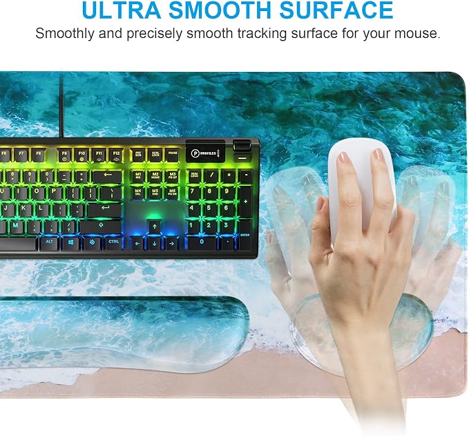 iCasso Keyboard Mouse Pad Set,Extended Gaming Mouse Pad + Keyboard Wrist Rest Support, Memory Foam, Easy Typing Pain Relief, 3Pcs (35.4×15.7 in) Large Ultra Thick Mousepad Desk Mat (Beach)