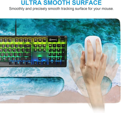 iCasso Keyboard Mouse Pad Set,Extended Gaming Mouse Pad + Keyboard Wrist Rest Support, Memory Foam, Easy Typing Pain Relief, 3Pcs (35.4×15.7 in) Large Ultra Thick Mousepad Desk Mat (Beach)