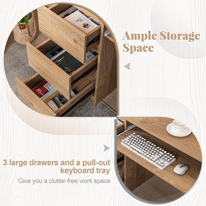 Giantex Computer Desk with Drawers, Modern Home Office Desk with Charging Station & Keyboard Tray, Laptop PC Computer Workstation, Study Writing Desk for Bedroom (Natural)