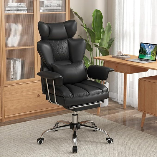 COSTWAY 400 LBS Big and Tall Office Chair, PU Leather Executive Desk Chair w/Retractable Footrest, Reclining Function, Lumbar Support, Ergonomic High Back Home Computer Task Chair (Black)