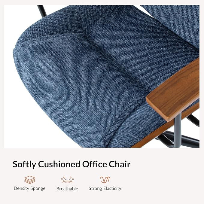 Modern Ergonomic Office Chair with Wood Frame & Metal Base, Swivel Home Office Desk Chairs with Adjustable Height, Comfy Upholstered Computer Chair, Navy