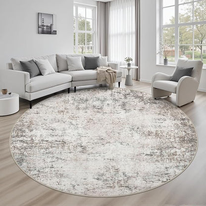Round Area Rug for Living Room: 8 ft Washable Modern Abstract Soft Thin Rug Indoor Floor No Slip Stain Resistant Carpet for Bedroom Dining Room Farmhouse Nursery Home Office - Brown Grey