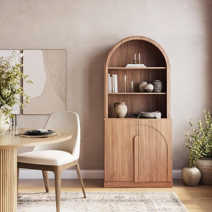 BELLEZE 71" Tall Storage Cabinet with Arched Hutch, Wooden Sideboard Buffet Cabinet with Adjustable Shelves for Pantry Organizing, 5-Tier Modern Storage Unit for Living Room Home Office, Camel