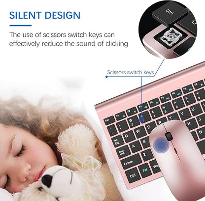 Wireless Keyboard and Mouse Ultra Slim Combo, TopMate 2.4G Silent Compact USB 2400DPI Mouse and Scissor Switch Keyboard Set with Cover, Batteries Included, for PC/Laptop/Windows/Mac - Rose Gold Black