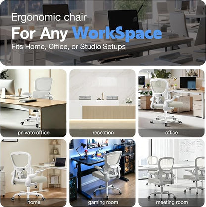 ALLGOD Ergonomic Office Chair, Breathable Mesh Ergonomic Desk Chair with Adjustable Lumbar Support, Flip-up Armrests, Computer Chairs Comfortable for Home, Office, Work, 300lbs, White, Upgrade