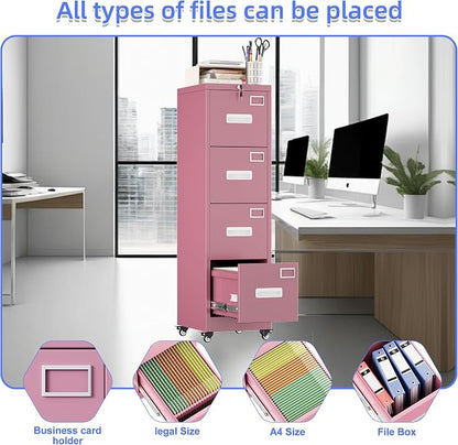 Aobabo 4 Drawer File Cabinet with Lock, Metal Vertical Filing Cabinet with Wheels, Anti-Tilt Interlock System, Locking Office Storage for Letter/Legal Files,Pink,Required Assembly