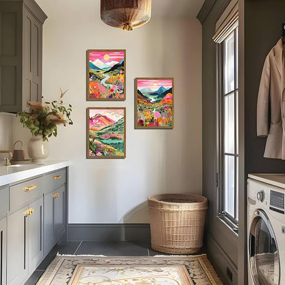 Boho Colorful Mountain Wall Art Set of 3, Abstract Watercolor Landscape Flower Wall Decor Paintings, Modern Nature Sunset Forest Posters Prints for Living Room, Bedroom 16x24 Inch Wood Framed