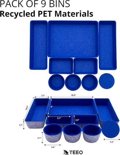 Teeo - Felt Drawer Organizer - Desk Accessories - Office Organization - Kitchen Organizer - Jewelry Tray Makeup Storage Drawer Organizers Home Desk Caddy Cosmetic Bins - Pack of 9, Royal Blue