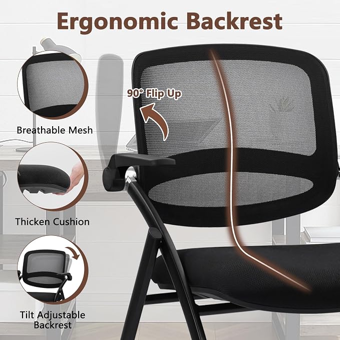 CLATINA Stackable & Foldable Conference Chair with Wheels, Ergonomic Mesh Back, 300lbs Capacity, Breathable Padded Seat, Adjustable Armrests, Office Chair for Reception, Training, Home, Black, 2PK