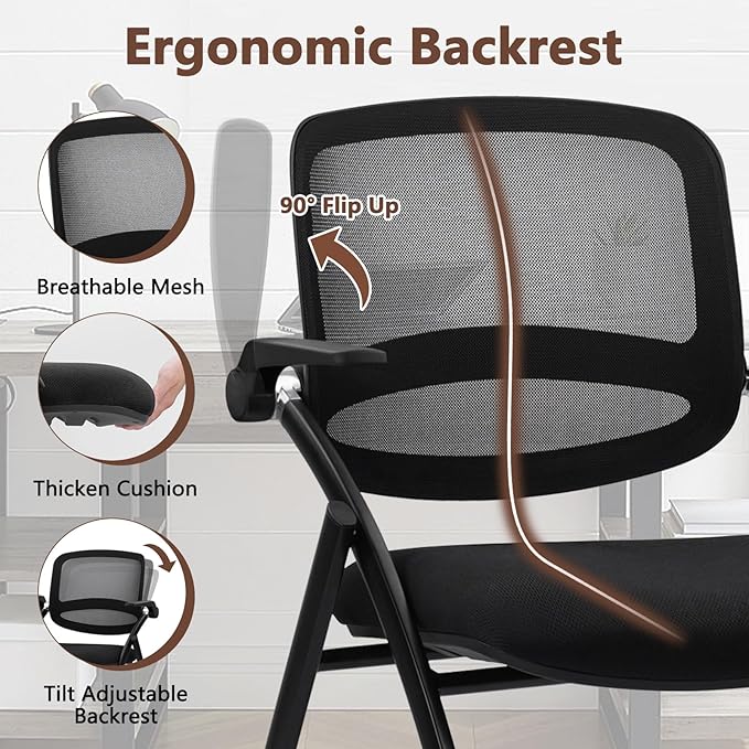 CLATINA Stackable & Foldable Conference Chair with Wheels, Ergonomic Mesh Back, 300lbs Capacity, Breathable Padded Seat, Adjustable Armrests, Office Chair for Reception, Training, Home, Black, 4PK