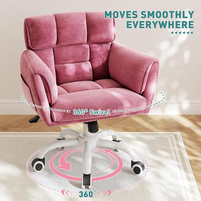 DurayLoly Home Office Chair with Wheels Soft-Touch Material,Modern Cute Vanity Chair with Back Adjustable Height Upholstered Comfy Desk Chairs with Side Pockets for Bedroom,Pink