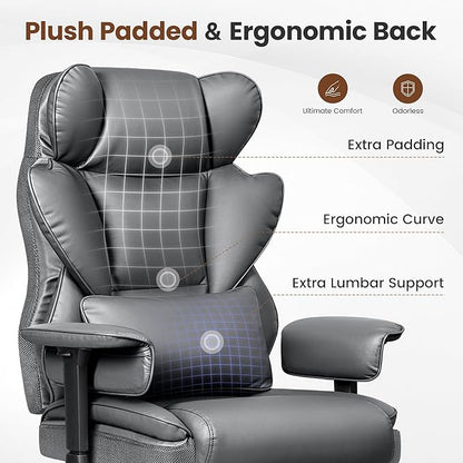 BESTFAIR Big and Tall Office Chair - High Back Executive Chair with Footrest & Lumbar Support for Heavy People, Adjustable Arms, Padded Wide Seat Computer Gaming Chair, Heavy Duty, Gray