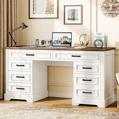 58" Executive Desk with 7 Drawers, Large Computer Desk with Charging Station , Wood Home Office Desk with File Drawer for Letter/A4 Size Hanging Files for Home Office, Rustic White and Rustic Brown