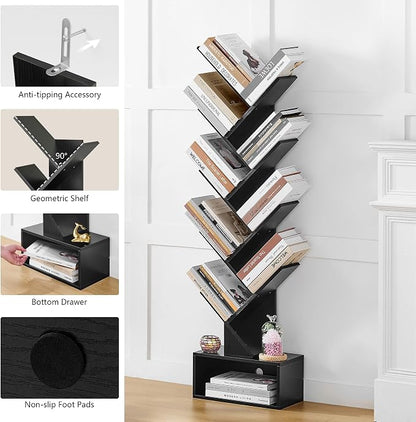 Hoctieon 9 Tier Tree Bookshelf, Tall Bookcase with Drawer, Wood Book Shelf, Modern Floor Standing Bookshelves, Book Organizer Shelves for Bedroom, Living Room, Home Office, Black
