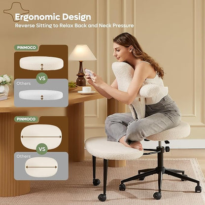 Pinmoco Ergonomic Cross Legged Office Chair Extra Wide for ADHD and Meditation, Kneeling Chair with 360° Swivel Wheels and Reversible Seating, Adjustable Height and Seat Depth, Teddy Fabric, White