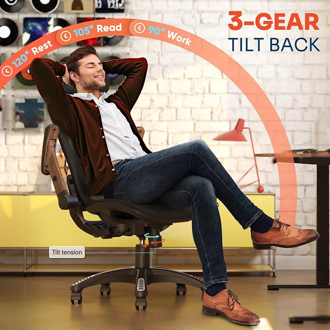 GABRYLLY Ergonomic Office Chair, High Back Home Desk Chair with Headrest, Flip-Up Arms, 90-120° Tilt Lock and Wide Cushion, Big and Tall Mesh Chairs for Man Woman, Black Task Chair(Dark Woodgrain)