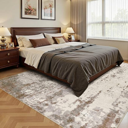 UERMEI 10x14 Washable Area Rug - Neutral Modern Abstract Living Room Rugs, Non-Slip Soft Large Indoor Floor Carpet for Bedroom Home Office & Under Dining Table Decor, Brown/Grey/Beige
