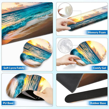 Desk Mat Set + Keyboard and Mouse Pad with Wrist Rest Support,4-in-1 Large Mousepad Computer Mats for Desktop Home & Office-Sunset Sea