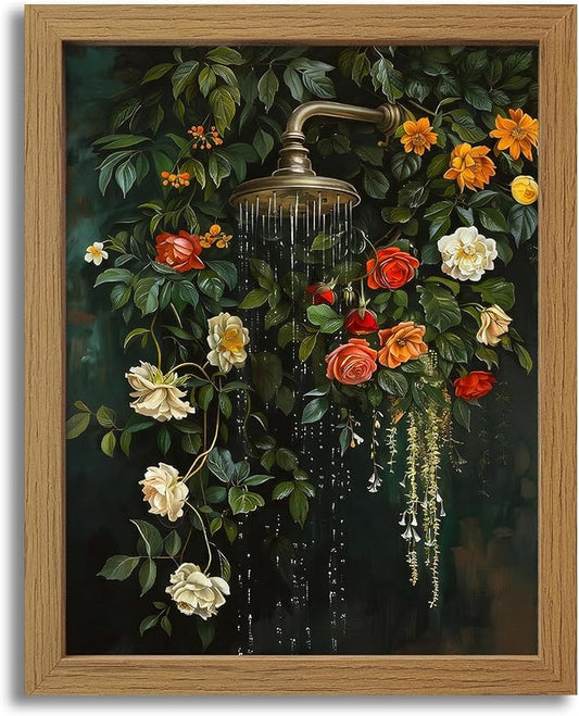CXQILVER Vintage Framed Floral Bathroom Wall Art Canvas, Green Botanical Flowers Shower Wall Decor, Rustic Farmhouse Bathroom Decor Aesthetic Picture Artwork for Bedroom Living Room Guest Bath 8x10in
