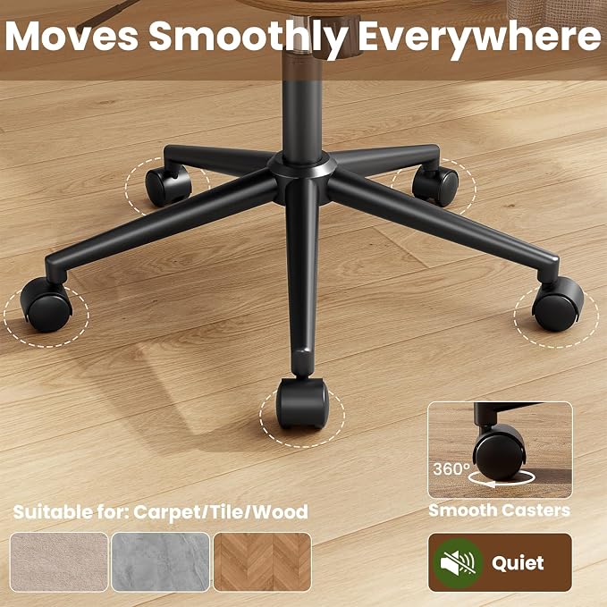 YaFiti Armless Office Chair, Mid Century Modern Desk Chair with Walnut Wood Back & SGS Level 3 Gas Lift, Swivel PU Leather Computer Chair for Small Space, Home Office, Bedroom, 300lbs Cap, Black