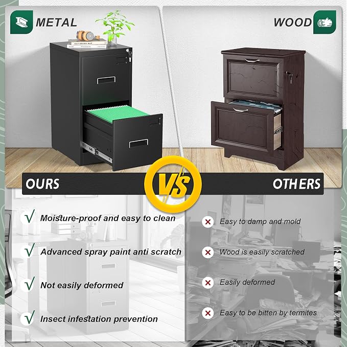 Superday 2 Drawer File Cabinets, 18” D Vertical File Cabinet with Lock, Locking Filing Cabinet for Home Office, Black Metal Filing Cabinets for Hanging Letter/Legal Folders, Easy Assemble