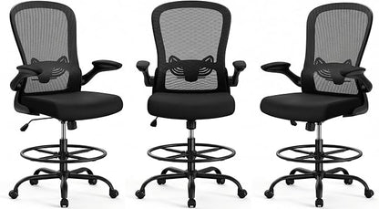 ErGear Drafting Chair, Standing Desk Chair with Flip-Up Armrests, High Desk Chair Adjustable Height, Ergonomic Tall Office Chair with Lumbar Support and Adjustable Footrest Ring,3 Pack