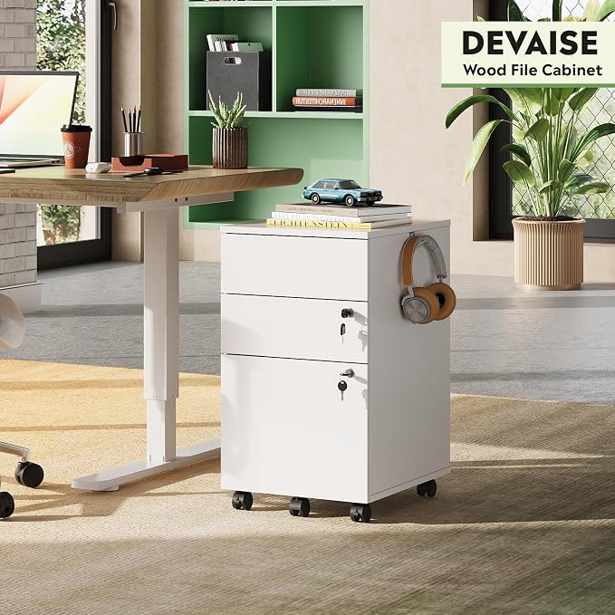 DEVAISE 3 Drawer Mobile File Cabinet with Lock, White Wood Rolling Filing Cabinet for Under Desk, Fits Letter/Legal/A4 Size for Home Office