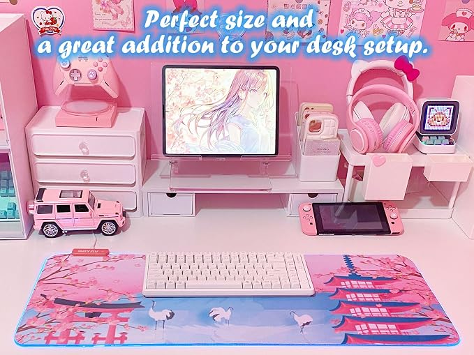 JMIYAV Pink Sakura RGB Gaming Mouse Pad 31.5x12 Inch PC XL Large Extended Glowing Led Light Up Desk Pad Non-Slip Rubber Base Computer Mouse Pad Cute Mousepad Mat