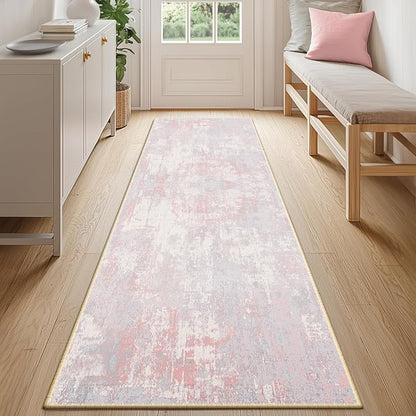 RELEANY Washable Area Rugs 2'x8' Non-Slip Modern Abstract Soft for Living Room Entryway Bedroom Kitchen, Print Pattern, Grey Pink