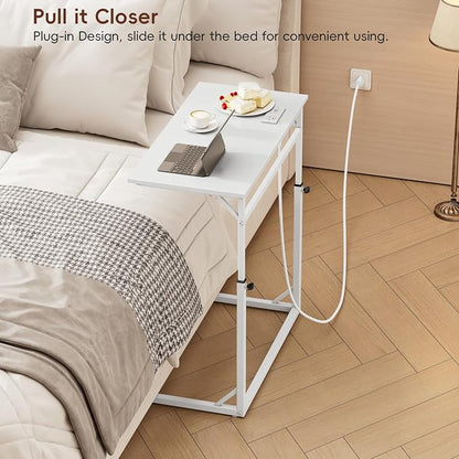Vagusicc C Shaped End Table with Charging Station, C-Table End Table Adjustable Height Side Table for Couch, Large Couch Table, Slide Under Sofa Table TV Tray Arm Table for Living Room, Bedroom, White
