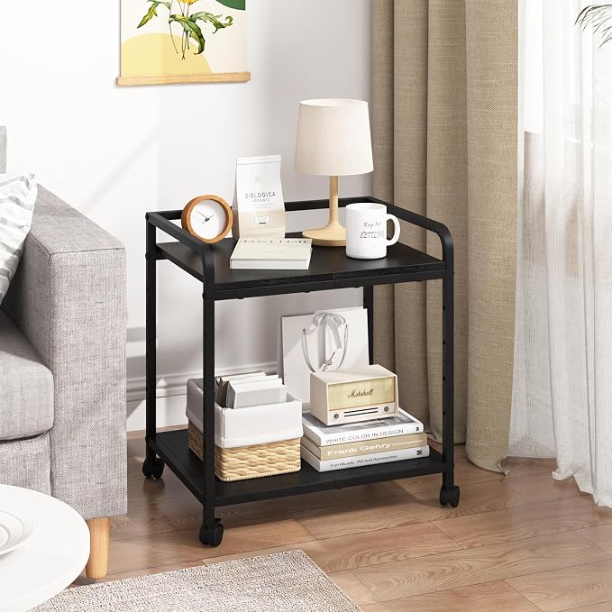 21"x15.8" Large Printer Stand with Storage, 2-Tier Under Desk Printer Table, Rolling Printer Cart with Lockable Wheels for Home, Office (Black)