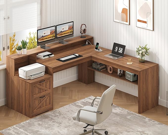 YOMILUVE Farmhouse 63" L Shaped Desk with Drawers, Home Office Desks with Storage Shelves and Printer Stand, Corner Computer Desk with Power Outlets and Monitor Stand, Brown