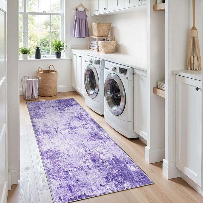 RELEANY Washable Area Rugs 2'x10' Non-Slip Modern Abstract Soft for Living Room Entryway Bedroom Kitchen, Print Pattern, Purple Gray Pink White