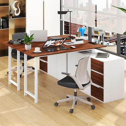 GOFLAME 54.5” L Shaped Computer Desk with Power Outlet, Reversible Corner Desk with File Cabinet and 3 Drawers, PC Desk Study Writing Table Workstation for Home Office, Small Space, Brown & White