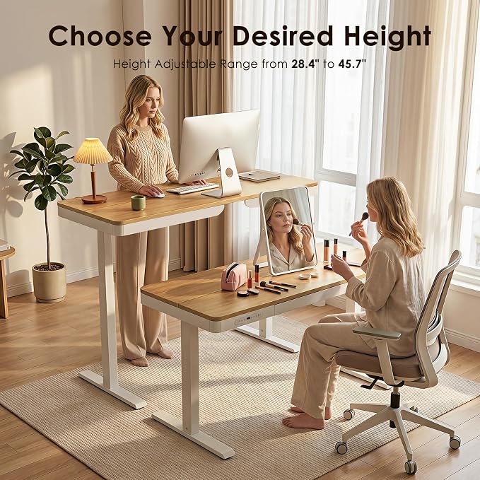 OffiGo 55 Inch Electric Standing Desk, Height Adjustable Table with Storage, Sit Stand Desk with Charging Station for Home Office, Computer Workstation, Maple+White