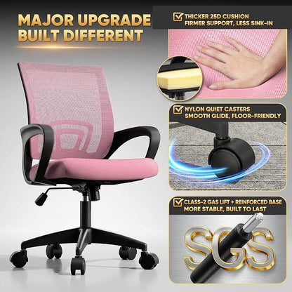 Magshion Ergonomic Office Desk Chair, Mid-Back Mesh Computer Chair, Swivel Chair with Breathable Backrest & Lumbar Support, Adjustable Height for Gaming, Work, Study, 300 Lbs Capacity, Pink