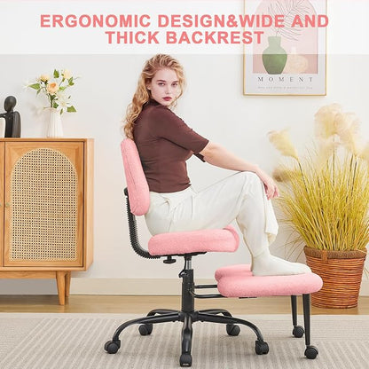 Criss Cross Legged Meditaion Chair,Exquisite Home Office Furniture,Ergonomic Kneeling with Lumbar Support and Adjustable Height Stool,for ADHD Adults,Teddy Fabric (Pink, Teddy Fabric)