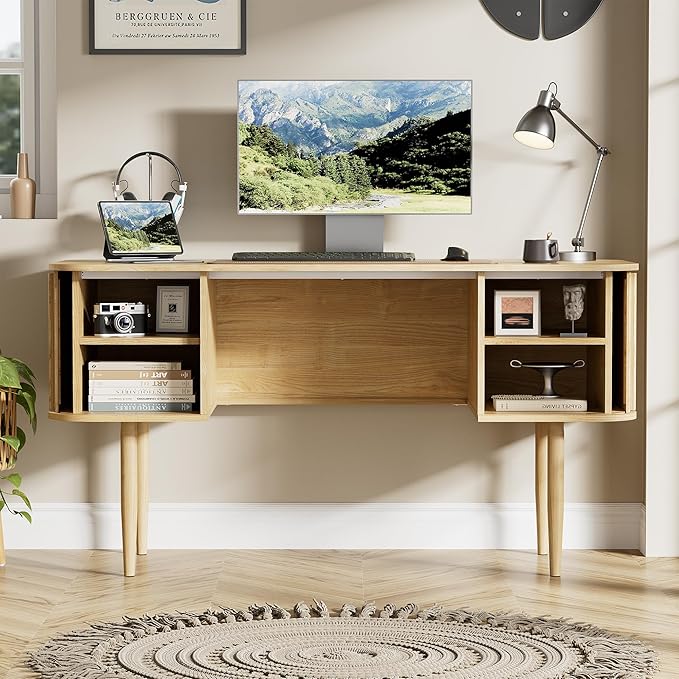 Furniway 55" Modern Writing Desk with Sliding Doors, Wood Home Office Desk with Storage, Computer Desk for Study, Living Room, Dorm, Natural