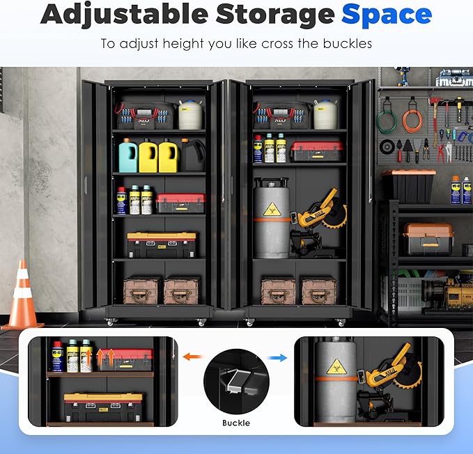INTERGREAT Metal Storage Cabinet with Wheels, 72" Garage Storage Cabinets with Door and 4 Shelves, Tool Storage Locker on Caster for Home, Office, Black