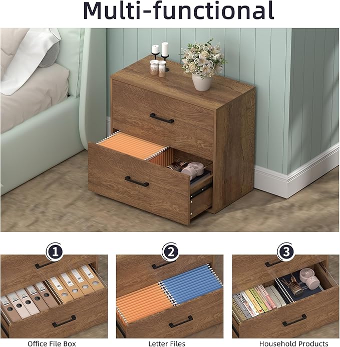 Lateral File Cabinet, Home Office Printer Stand, 2 Drawer Filing Cabinets, Large Wood Filing Cabinet for Hanging Files/Letter Size, Brown