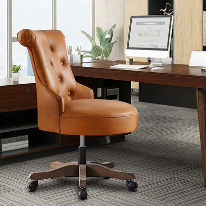 HUIMO Home Office Chair Upholstered Faux Leather PU Armless Desk Chair with Wheels Adjustable Height Computer Desk Chair with Wooden Legs Comfy Swivel Chair for Study Studio (Caramel Brown)