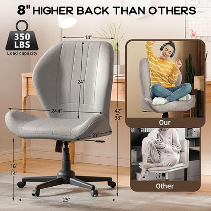 ZZW Criss Cross Chair with Wheels, Wide Cross Legged Office Chair Armless Comfy Desk Chair with Tall Back Vanity Chairs with Stress Relief Curved Design Seat for Bedroom & Office & Home Light Gray