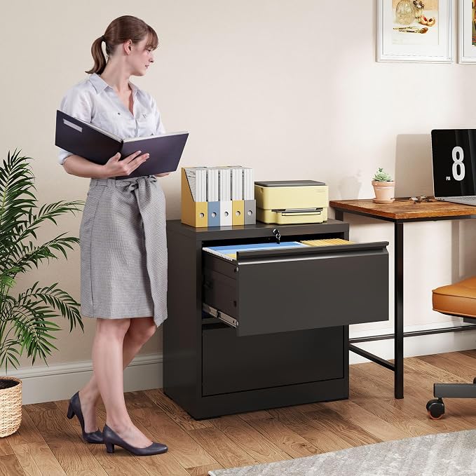 2 Drawer File Cabinet,Metal Lateral Filing Cabinet with Lock,Home Office Storage Organizer Cabinet for Legal/Letter/A4/F4 Size Files,26.8" W,Black