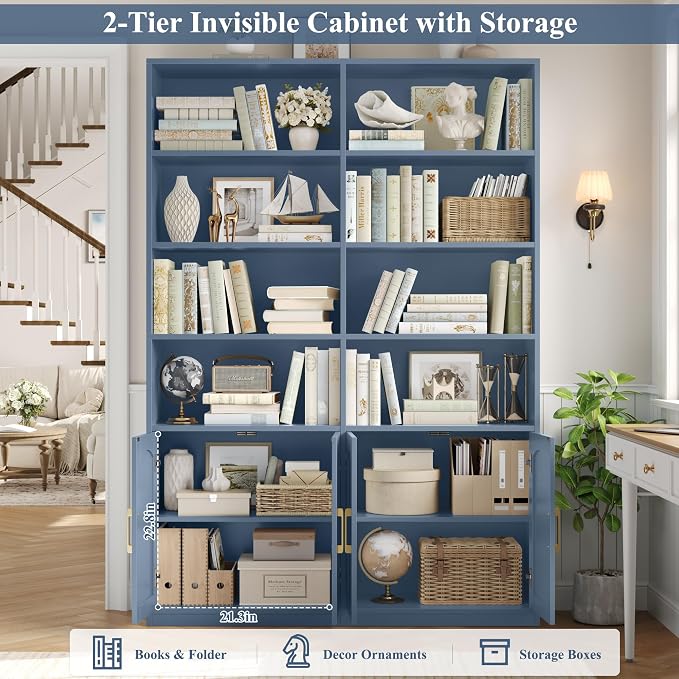 FACBOTALL Bookshelf and Bookcase with Doors, 6 Tier Double Wide Large Bookshelves, Open Display Shelves, 73'' Tall Bookshelf with Storage Cabinets for Home Office, Living Room, Library, Blue