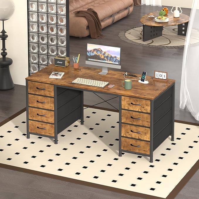 YOMILUVE 50 Inch Computer Desk with 8 Drawers, Home Office Desk with Power Outlets, Work Study Gaming Desk with 8 Fabric Drawers, Rustic Brown