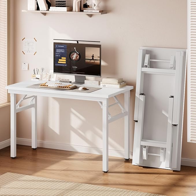 DlandHome Folding Desk for Small Spaces, 35.8 in Computer Desk Folding Table, Foldable Office Desk Writing Workstation for Home Office, Study, Bedroom, No Assembly Required, White & White