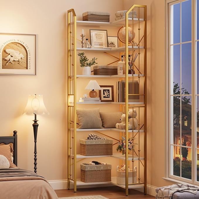 GarveeHome Corner Bookshelf 86" l Shaped Bookcase, Corner Bookshelves Industrial Bookcase 7 Tier l-Shape Bookshelf, Large Bookcases with Beaded Design Tall Display Rack Shelf for Living Room Bedroom